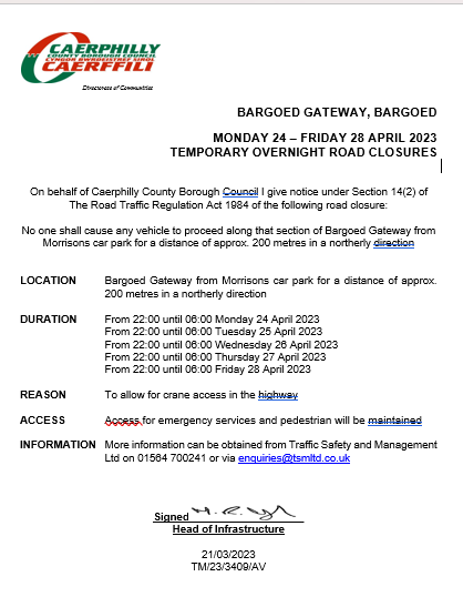 Temporary Road Traffic Orders - Bargoed Town Council Bargoed Town Council